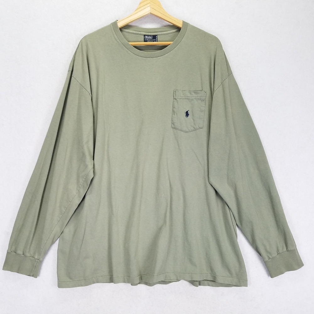 Polo Ralph Lauren Vintage Pocket Tee Mens XL Green Cotton USA Made Long Sleeve